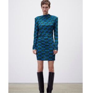 Zara geometric print mini dress with strategic ruching XS NWTS